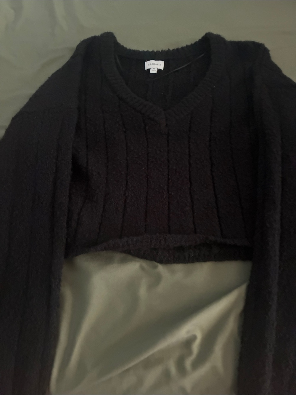 La Hearts Black Cropped V-Neck Cable Knit Sweater